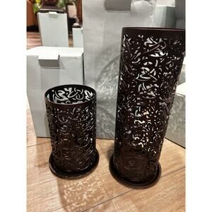Partylite Thai Inspiration Metal Pillar Candle Sleeves With Bases Set Of 2 NEW